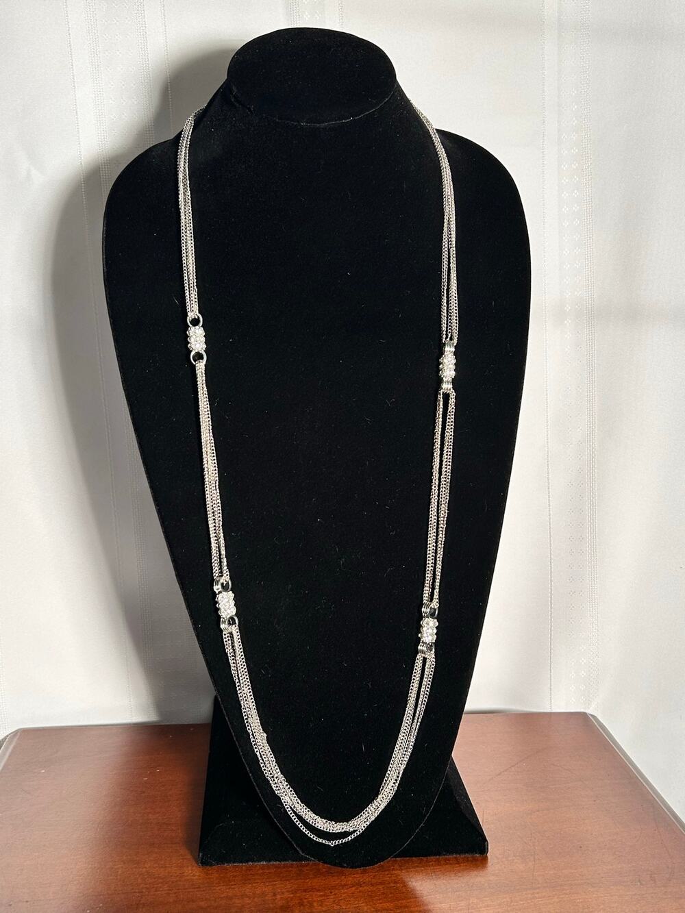 38" Silver Tone Multi Strand Chain Necklace Rhinestone Connector Bars Long